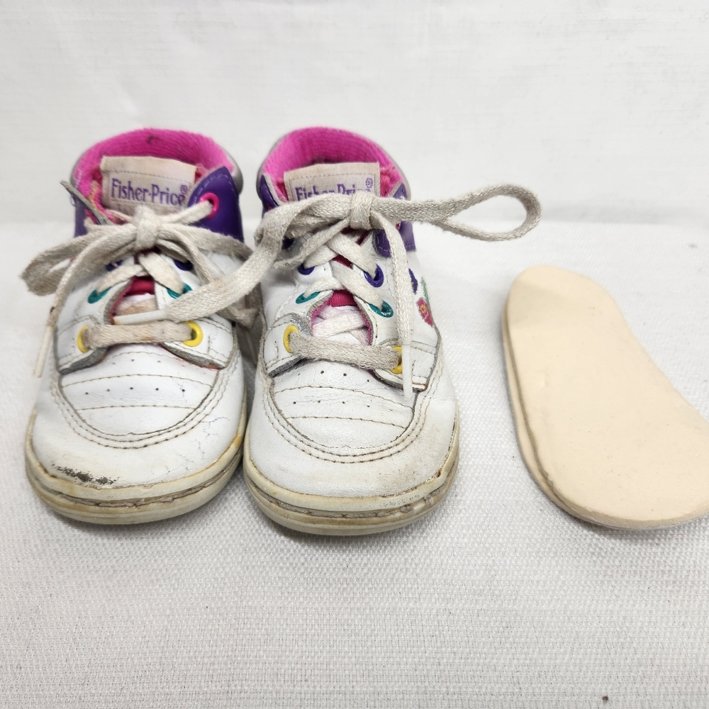VTG Fisher Price Girls Size 4 White Pink Tennis Shoes Lace Sneakers Baby Toddle